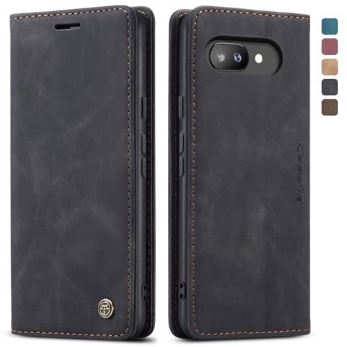 owlhold Handyhülle Google Pixel 9A hülle klapphülle Premium Lederhülle Weiches Vintage Handytasche Faltbare Ständer Schutzhülle Kartenfach Standfunktion hülle Google Pixel 9A - Schwarz