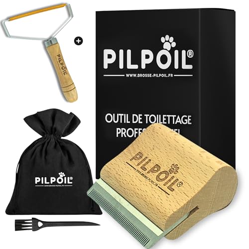 Pilpoil Pack Pro - Brosse Anti Poils Court Pour Chat, Chiot, Lapin + Raclette Anti-Poils Animaux - Élimine 95% du Sous-Poil - Outil Anti Mue en Bois - Accessoire de Toilettage - Taille S