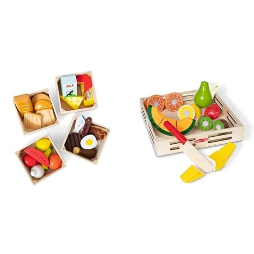 Image of Melissa & Doug Wooden Play Food Bundle - 21 Hand-Painted Food Pieces with 4 Crates & 17-Piece Cutting Fruit Set with Storage Box