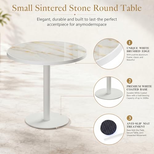 Image of 63 inch Tulip Table, Small Round Dining Table with 1.2 inch Thick Sintered Stone Tabletop and Golden Metal Pedestal Base, Bistro Table for Diner, Bar, Restaurant, kitchen, Bakery,Apartment (Marble White Gold)