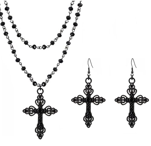 Gothic Cross Necklace, Earrings, Moon Earrings, Black Cross Pendant Choker, Crystal Chain Halloween Jewelry Set for Woman