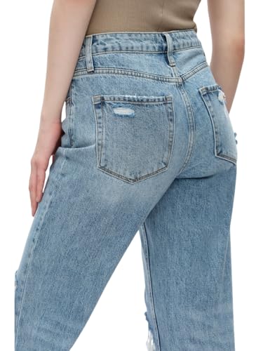 ONESO Womens Ripped Jeans Mid Waist Straight Leg Ripped Jeans Y2K Distressed Denim Pants with Raw Hem for Casual3