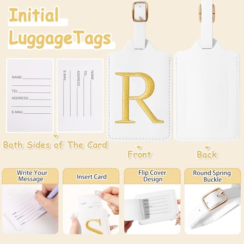 Image of Personalized Initial Luggage Tags for Suitcases, Cute PU Leather Embroidered Letter Travel Luggage Tags, Suitcase Identifier Name Baggage Tag, Bag Tags for Men Women Kids Luggage Handbags(White R)
