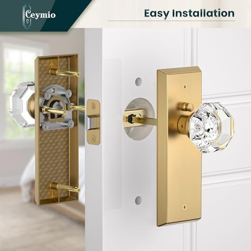 Image of Glass Door Knobs for Interior Doors - Vintage Crystal Privacy Bedroom & Bathroom Door Knob with Lock - Diamond Cut Door Handle - Satin Brass Finish (1 Pack)