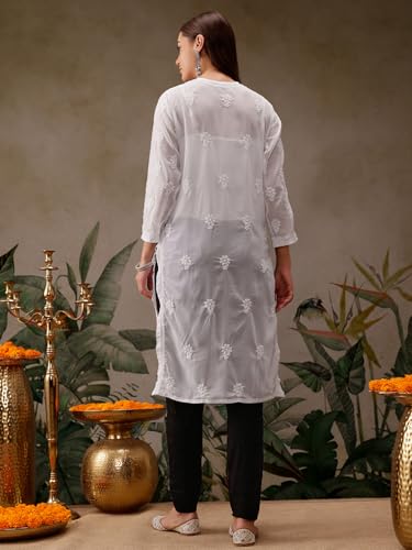 Image of Ada Lucknow Chikankari Hand Embroidered Faux Georgette Kurta Kurti Tunic Dress for Women A95504