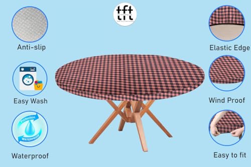 Image of The Furnishing Tree Round Elastic Fitted Dining Table Cover WxL 40x40 Inches Checkered Pattern Beige