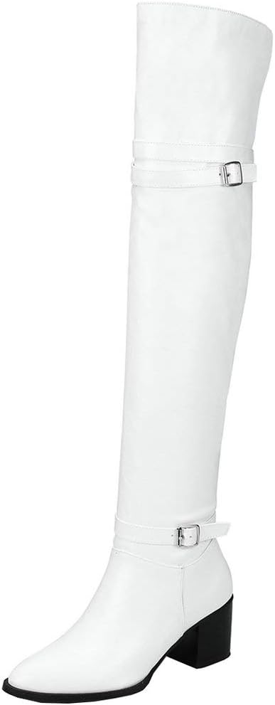 KOKOMOMO Womens Over The Knee Chunky Heel Pointed Thigh High Boots with Buckles