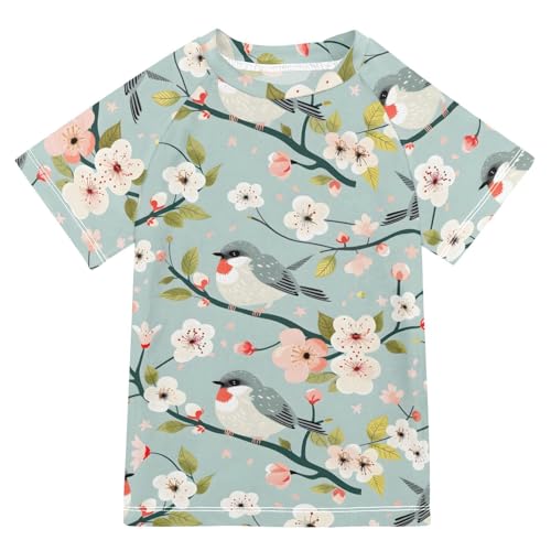 ALAZA Boys Swim Shirts Toddler Rash Guard Short Sleeve Rashguard Cute Birds A Branch UPF 50+ 11-12T