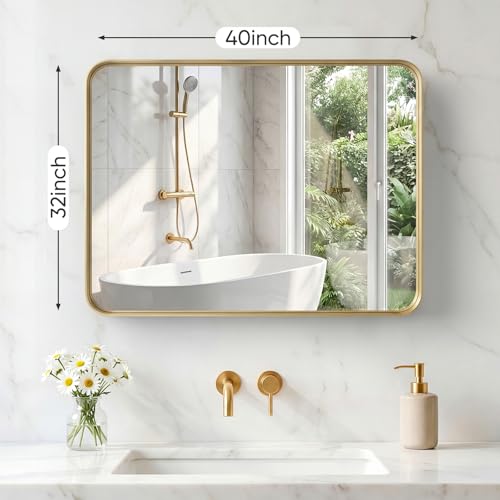 Image of Sweetcrispy Bathroom Mirror 40x32 Inch Metal Framed Rounded Rectangle Vanity Mirror for Wall, Over Sink, Farmhouse, Restroom, Anti-Rust, Modern Decorative, Horizontal or Vertical Hanging, Gold