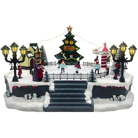 oclchnilx Christmas Village Ice Skating Rink Musical Animated Decorations Skating Pond with 6 Magnetic Moving Skater Figurines Multicolor Cover
