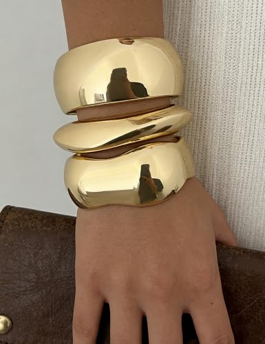 Image of Chunky Gold Bangle Bracelets for Women, Dainty 14k Gold Plated Big Stackable Bangles Set, Trendy Statement Cuff Bracelet Stack Fashion Jewelry Gifts