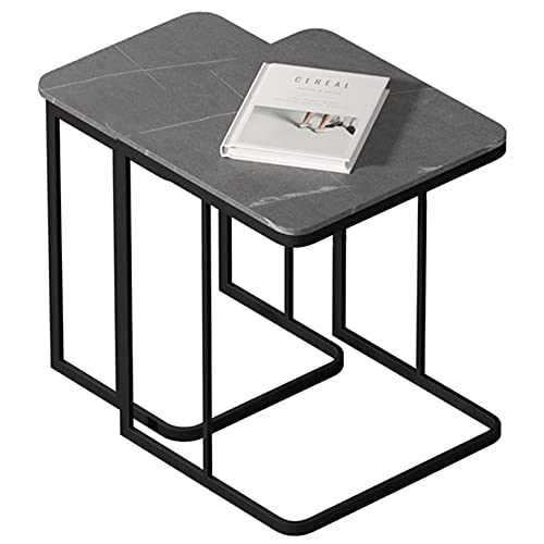 Moderno juego de 2 mesas auxiliares de sofá con marco de metal resistente y elegante parte superior de piedra sinterizada, mesa de cóctel contemporánea para decoración de sala de estar