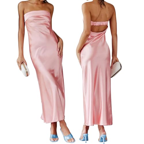 Women's Sexy Satin Tube Maxi Dress Elegant Silk Strapless Open Back Party Cocktail Wedding Guest Formal Long Dresses Pink