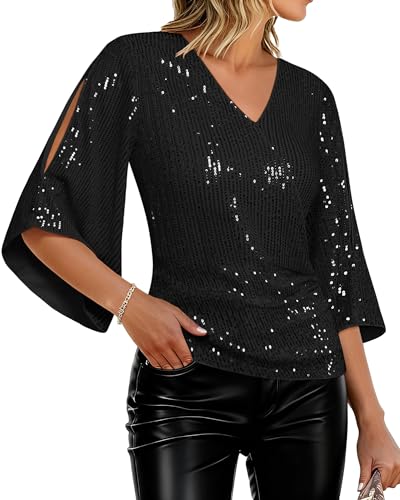 GRACE KARIN Women Full Sequin Tops V-Neck Glitter Party Shirt 3/4 Sleeve Sparkle Blouses Easter Disco Black M