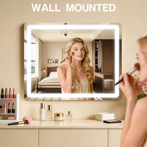 Image of ROLOVE 23 inchx18 inch Gold Vanity Mirror with Lights, Large Lighted Makeup Mirror with 10X Magnifier, 3 Color Lighting & Stepless Dimming, Wall Mounted or Tabletop Desk Mirror for Bedroom