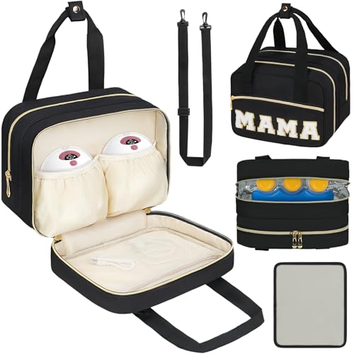 Image of Wearable Breast Pump Bag,Breastmilk Cooler Travel Bag Compatible with Momcozy/Medela/Elvie/Willow Breast Pump with Ice Pack and Waterproof Mat,Black(Letter)