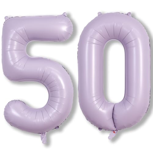 Image of 50th Birthday Balloons Pastel Purple for Women, 40 Inch Giant Light Purple Mylar Foil Number 50 Helium Balloons Self Inflating, Lavender Globos Numero 5 & 0 for Anniversary Party Decorations Supplies