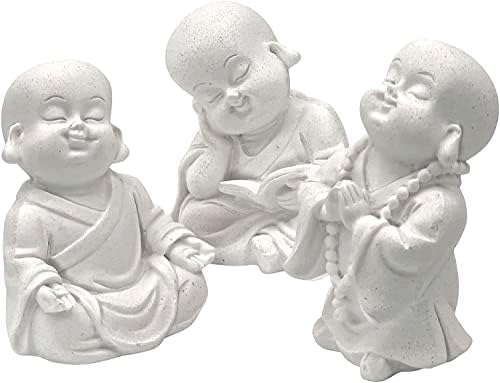 Bellaa Baby Buddha Statues Cute Adorable Jizo Monks Happy Laughing Sitting Praying Meditating Relaxing Lovely Smiling Little Cutie Boho Home Decor Set of 3 Figurines 3 inch Sculptures