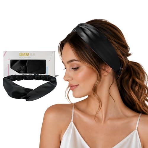 ZIMASILK Adjustable Silk Headbands for Women 100% Mulberry Silk Elastic Hair Band Non-Slip Twisted Hair Wrap Soft Hair Accessories (Black)