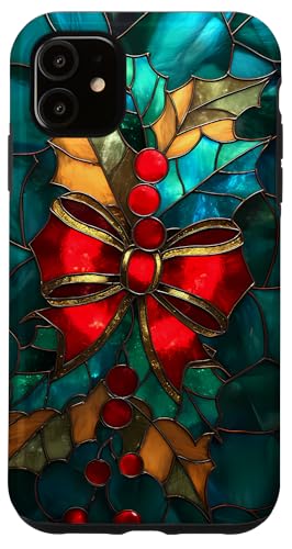 赤い弓の果実 クリスマス どんぐり モザイク 冬の木 パターン スマホケース iPhone 11 用