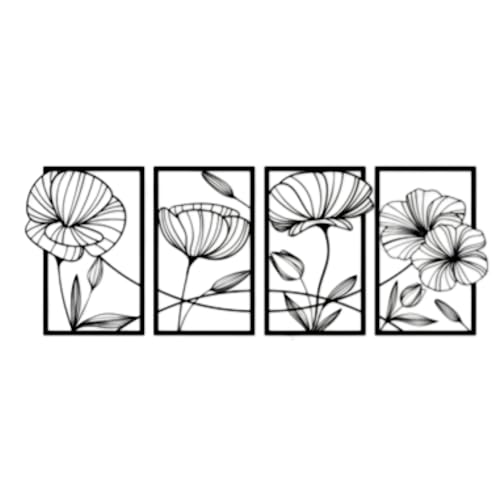 Image of 7 Decore Poppy Bloom Quartet 4-Panel Floral Wood Wall Decor | Wall Hanging Decoration for Living Room, Bedroom, Drawing Room, Dining Room & Office (Black) (Big Size Home Decor)