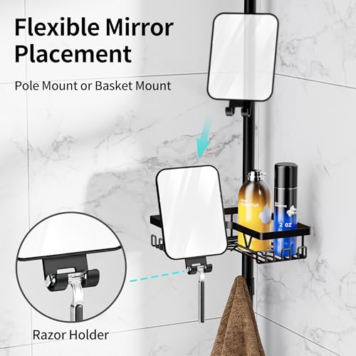 Image of KEGII Shower Caddy Tension Pole - Adjustable Rustproof Corner Bathroom Organizer with Fogless Shower Mirror, 25-114.2 Inch No-Drill Bathroom Storage, Black