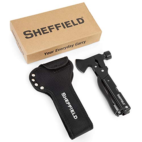 Sheffield 12136 14-In-1 Hatchet Multitool, Camping Hatchet Comes With 1680D Polyester Hatchet Sheath, Alloy Steel Camping Hammer Multitool, Great Hiking Gifts, Black #TOP10