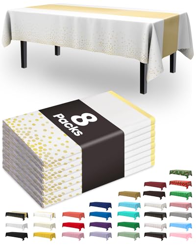 Pureegg Plastic Table Cloth Disposable 8 Pack, 54 x 108 Inch, Table Runner Style, Graduation Decorations 2025, Party Tablecloths, Rectangle, Plastic Cover, Leakproof & Sturdy, White Gold