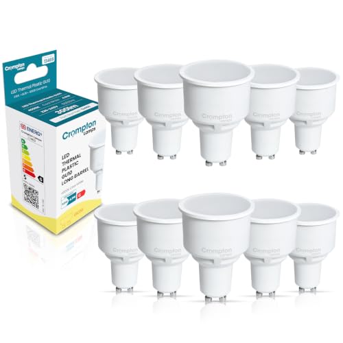 Image of Crompton Lamps LED GU10 Spotlight Bulbs 74mm Long Barrell | 4.9W | 10 Pack | Cool White 4000K | Energy Saving Light Bulbs for Ceiling Lights | Direct Replacement | GU10 LED Bulbs