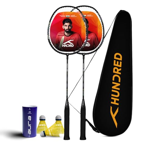 Image of Hundred Powertek 200 Aluminium Badminton Racket Combo, 2 Strung Rackets with 1 Full Cover & 3 Aura Nylon Shuttlecocks, Lightweight Shuttle Bats for Match Play
