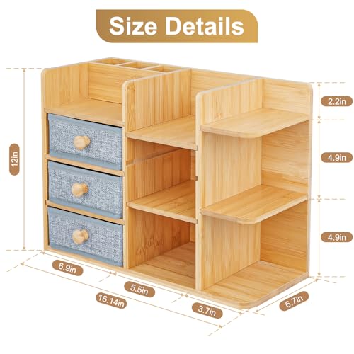 Large Makeup Organizer For Vanity, Large Capacity 3 Tiers Bamboo Bathroom Counter Organizers and Storage, Countertop Makeup Brush Holder, Nail Polish Perfume Stand with 3 Drawers and 10 Compartments