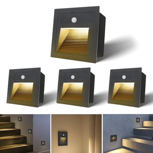 Arotelicht 4Pcs/1.5W LED Recessed Wall Light with Motion Sensor, IP44 Indoor Outdoor Step Lights, Low Voltage Bodysensor LED Stair Lights, Warm White 3000K for Indoor Stairs, Home, Kitchen, Attic