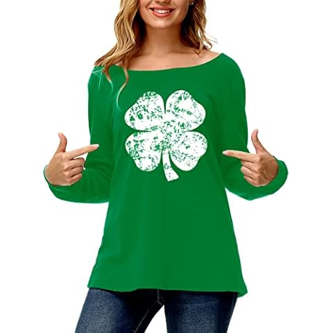 Deerose Womens Thanksgiving Christmas Sweatshirt Long Sleeve Off Shoulder Shirt, Clover Green, Large Cover