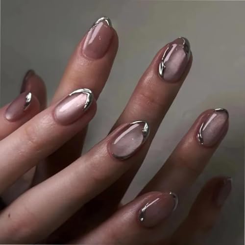 Image of Peach Cat Eye Metalic 3D Tip Round Press On Nails Kit for Women And Girls Fake Nail Extension | Reusable Nail Extension For Women With Glue Tab | Long Lasting Glossy Finish Artificial Nails | Easy to Apply Fake Nails for Salon Look at Home | Stick-On Manicure Kit For Parties, Weddings And Gifts | Trendy Nail Art Set for All Occasions (Peach-SilverRound)