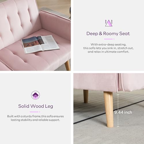 Image of TYBOATLE 65 inch W Velvet Modern Convertible Folding Futon Couch Sofa Bed w / 2 USB Charging Ports and arms, Loveseat for Compact Living Space, Dorm, Game Studio, Bonus Room, Apartment, Bedroom (Pink)