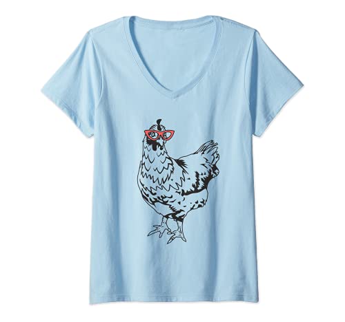 Mujer Cute Glasses Chicken Funny Chick Humor Art Backyard Hen Mama Camiseta Cuello V