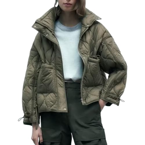 HangNiFang Women's Stand Collar Puffer Jacket Long Sleeve Drawstring Quilted Jacket Coat3
