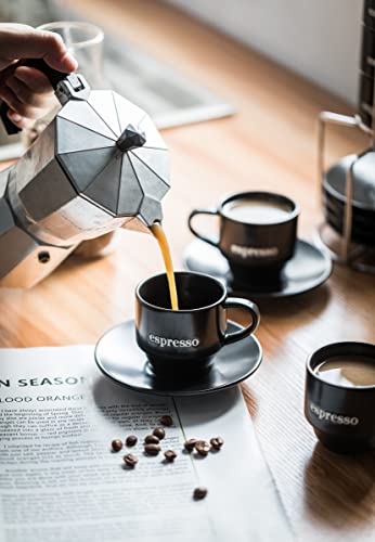 Espresso Cups With Saucers And Cup Holder, 4 Ounces Coffee Cups Set For Cappuccino Latte Cafe Mocha And Tea Coffee, Set Of 6, Housewarming Gifts, Father Day Gifts, Black #TOP6