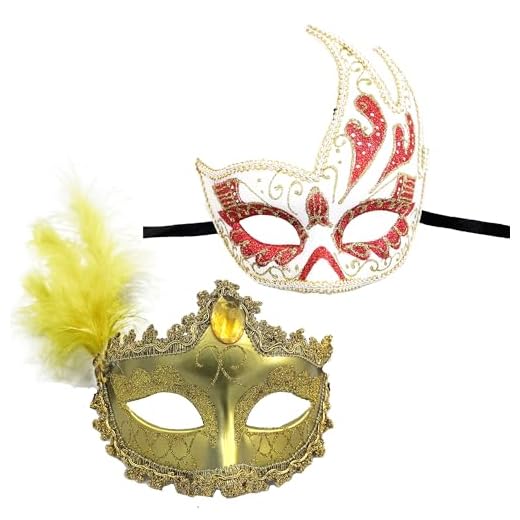 2 Mascara Veneciana para Carnaval con Purpurina Brillante, Mascara Carnaval Veneciana Media Cara Mujer de Material Resistente Pluma, Mascara Baile (Mascara Veneciana Pluma Dorado Rojo)
