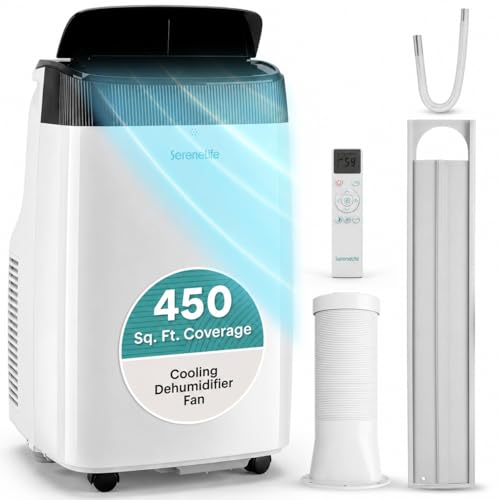 SereneLife Small Air Conditioner Portable 10,000 BTU with Built-in Dehumidifier - Portable AC unit for rooms up to 450 sq ft - Remote Control, Window Mount Exhaust Kit