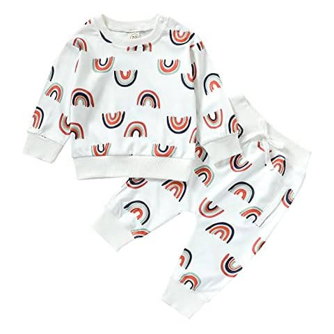 Xulahul 2 Pieces Newborn Baby Girl Boy Clothes Dress O-Neck T-Shirt Sweatshirt Rainbow Pullover Long Sleeve Top Blouse Pants Long Pocket Drawstring Pants Dresses, White, 18- 24 Months Cover
