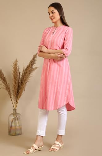 Image of Aurelia Women's Pink Stripe Pure Cotton A-line Kurta
