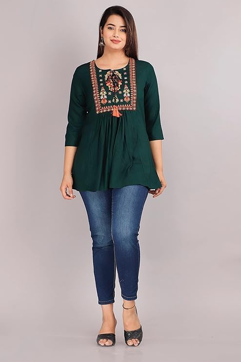 Image of Avayayat Short Kurti for Women | Embroidered Straight Rayon Kurta | Round Neck Full Sleeves Short Kurti for Women's