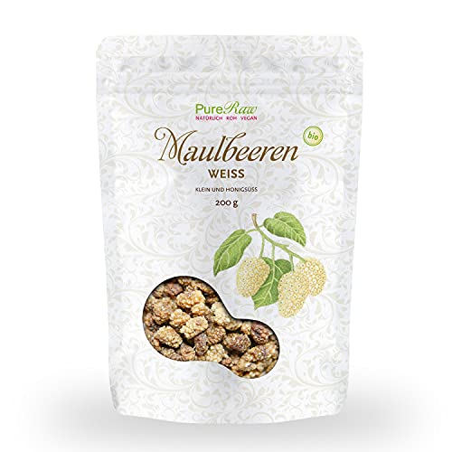 Premium Maulbeeren Getrocknet Bio (Roh Vegan) Weiße Maulbeere Morus Alba Maulbeerbaum-Früchte - Trockenobst Ohne Zucker-Zusatz aus der Türkei - Organic Raw White Mulberries Dried Fruit | PureRaw 200g