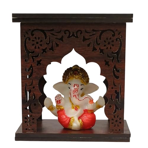 Image of EXPLEASIA Mukut Ganesha Idol with Wooden Temple with Rakhi for Home mandir Temple Car Dashboard Gift Items Festival Item showpiece