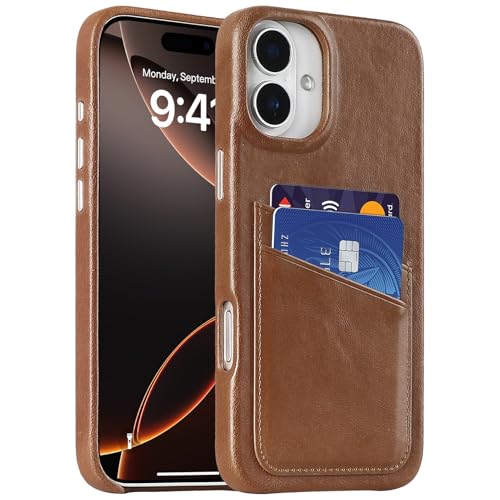 Étui iPhone 16 Plus cuir véritable antichoc avec porte-cartes de crédit