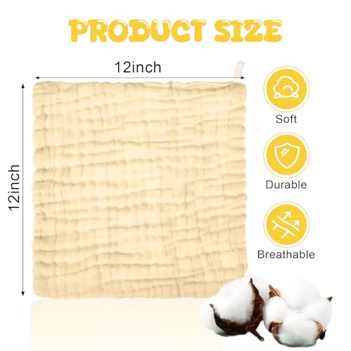 Image of Breling 20 Pcs Baby Muslin Washcloth 12 x 12 Inch 100% Cotton Soft and Absorbent Muslin Washcloth Burp Cloth Wipe Newborn Face Towel for Baby Boy Girl Sensitive Skin(White, Light Yellow, Yellow)