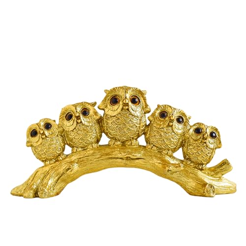 ODMYZG Figuras de coruja, decoração de coruja, coruja da sorte, ornamento de escultura para mesa de escritório em casa. Presentes para os amantes das corujas. (Cinco corujas douradas)