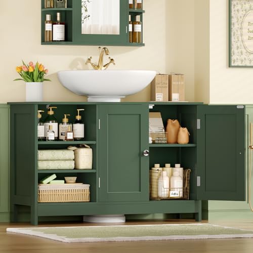 Image of TEENFON 35.4 inch Pedestal Sink Storage Cabinet with 2 Doors and Adjustable Shelves, Bathroom Sink Cabinet, Under Sink Storage with U-Shape Cut-Out, Green