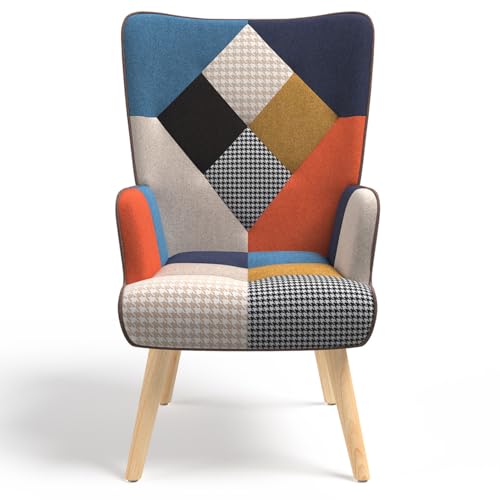 IDMarket - Skandinavischer Sessel Ivar mit mehrfarbigem Patchworkstoff und Hahnentrittmuster